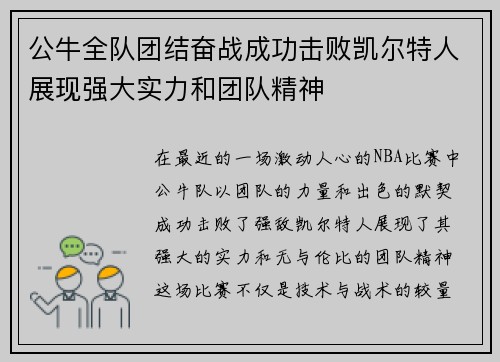 公牛全队团结奋战成功击败凯尔特人展现强大实力和团队精神