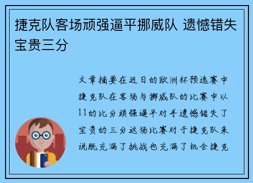 捷克队客场顽强逼平挪威队 遗憾错失宝贵三分
