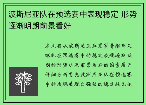 波斯尼亚队在预选赛中表现稳定 形势逐渐明朗前景看好