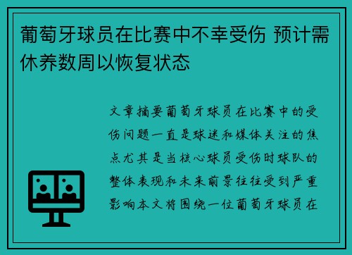 葡萄牙球员在比赛中不幸受伤 预计需休养数周以恢复状态