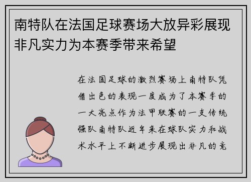南特队在法国足球赛场大放异彩展现非凡实力为本赛季带来希望