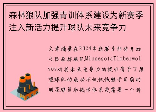 森林狼队加强青训体系建设为新赛季注入新活力提升球队未来竞争力